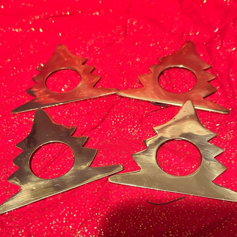 Vintage brass Christmas Tree Napkin Rings to decorate your festive table- used